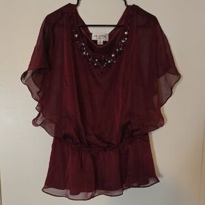 ⚡️5/$20…⚡️ Chic Burgundy Blouse with Beaded Neckline